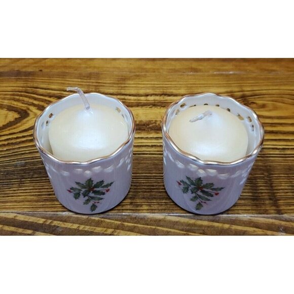 Lenox Holiday Pierced Votives 2 with candles Open Box - Picture 5 of 10